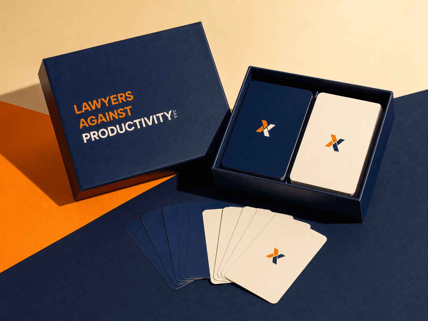 An open Lawyers Against Productivity box with blue prompt cards and cream answer cards